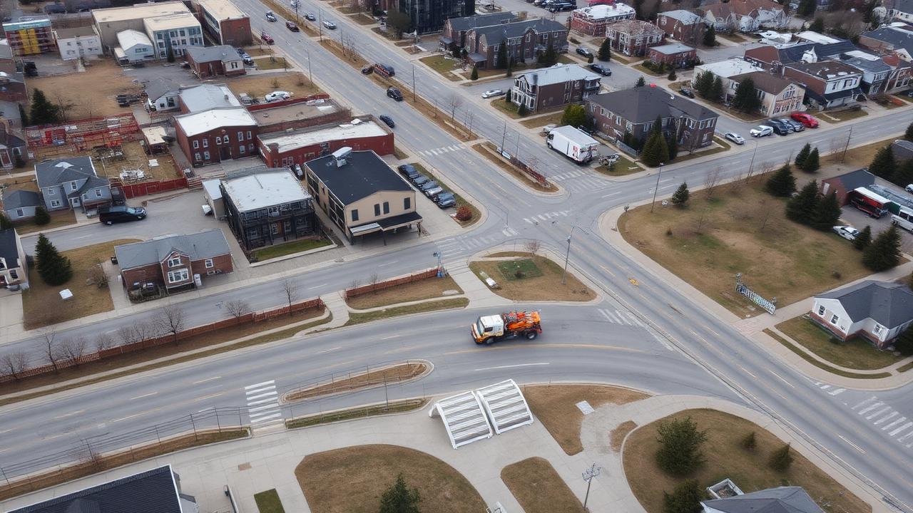 Aerial view of a small Canadian city with a public works truck on the road
