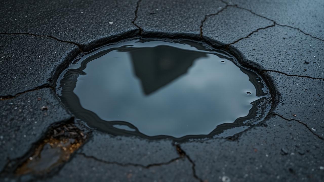 A water-filled pothole on a cracked Canadian asphalt road