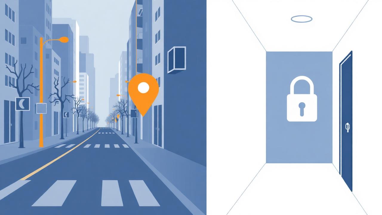 Split illustration of a public street with a map pin and a private hallway with a lock icon