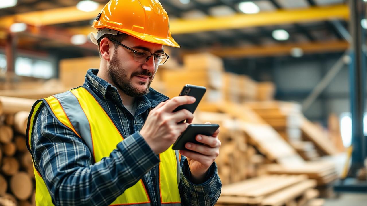 Worker in hard hat and safety vest using a phone to report a hazard at a worksite